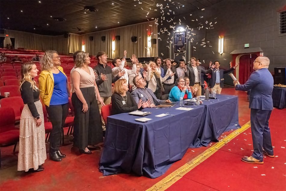 Photograph of Franklin College business students during a "Shark Tank" style competition.